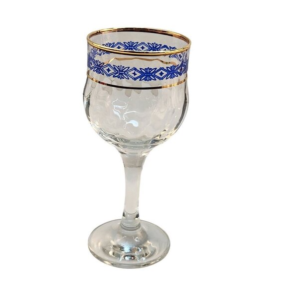 Steamed Wine Glasses Blue Floral Diamond & Gold Rim Design, Swirl Glass - Picture 6 of 10